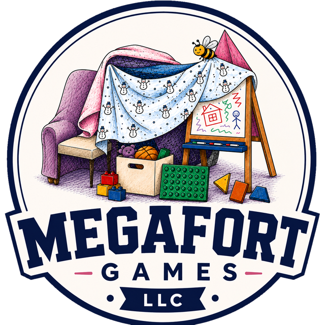 Megafort Games LLC logo: a blanket fort built over an armchair and an easel, surrounded by toys, with a bee perched on top.