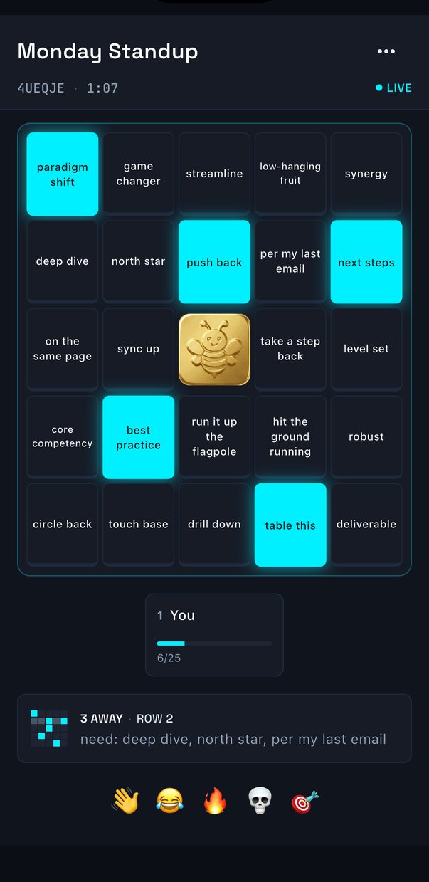 A BuzzCard game in progress. A five by five grid of corporate phrases such as &ldquo;paradigm shift&rdquo; and &ldquo;push back&rdquo;, six of them marked, with a gold bee as the free space in the centre.