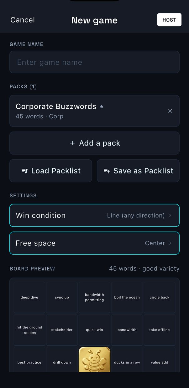 Setting up a new BuzzCard game: choosing buzzword packs, the win condition, and the free space, with a preview of the board below.